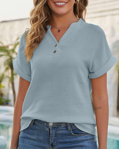 Adeline Blouse Femme – Top en Coton et Lin avec Col en V et Boutons Vintage