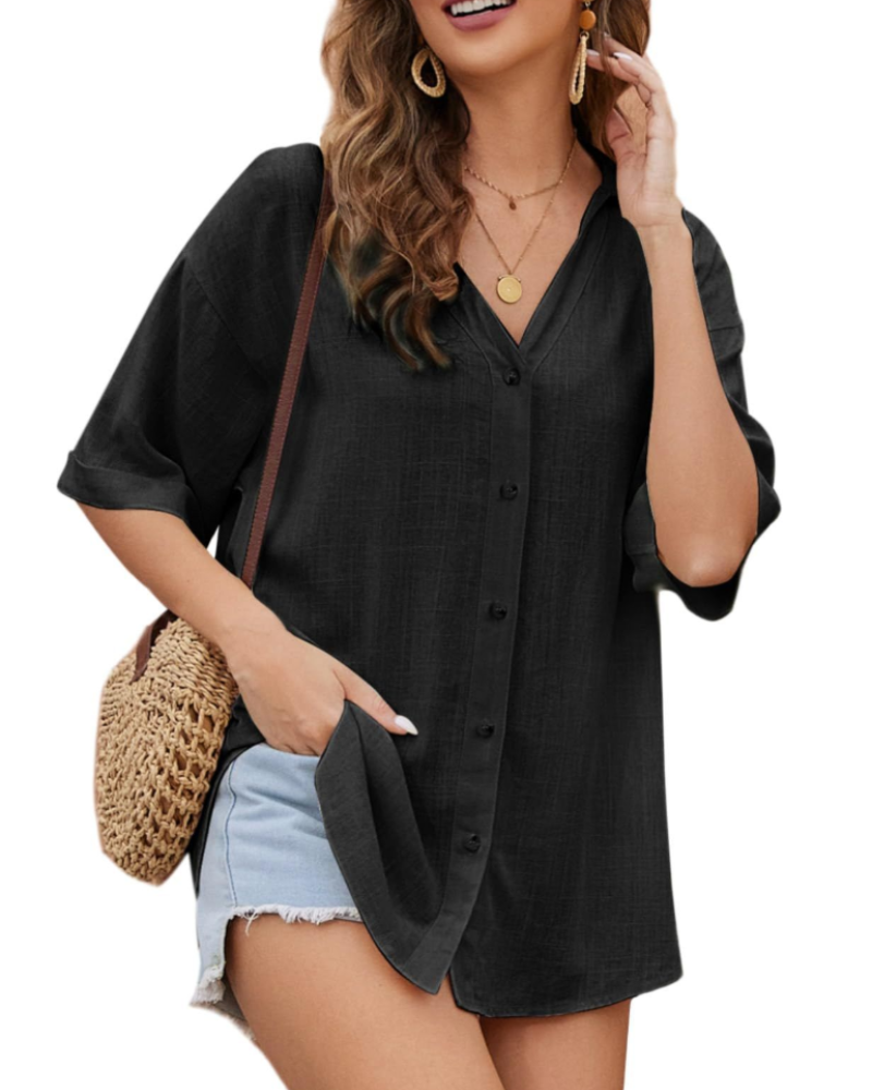 Elowen Chemisier Femme – Blouse en Lin et Viscose avec Col en V et Boutons