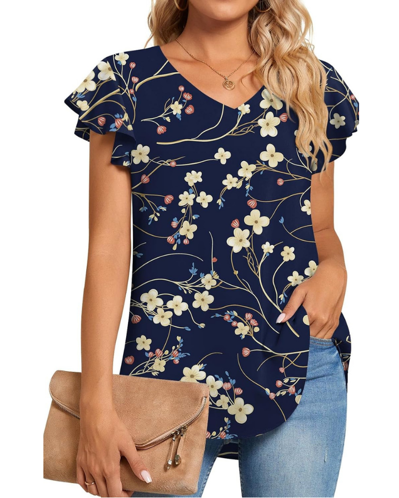 Blouse Bianca Femme – Top en chiffon avec col en V et manches courtes à volants