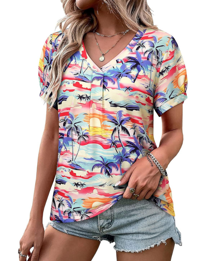 Harper T-Shirt Donna – Blusa Floreale Tropicale con Scollo a V e Maniche a Sbuffo