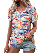 Harper T-Shirt Donna – Blusa Floreale Tropicale con Scollo a V e Maniche a Sbuffo