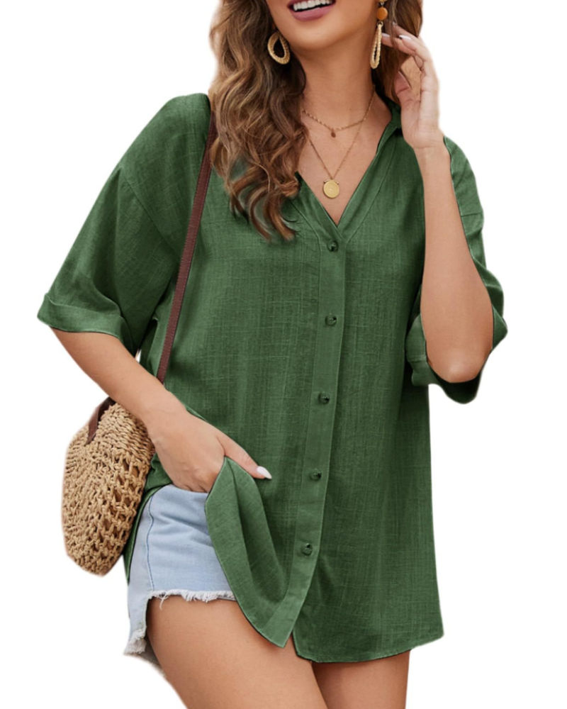 Elowen Chemisier Femme – Blouse en Lin et Viscose avec Col en V et Boutons
