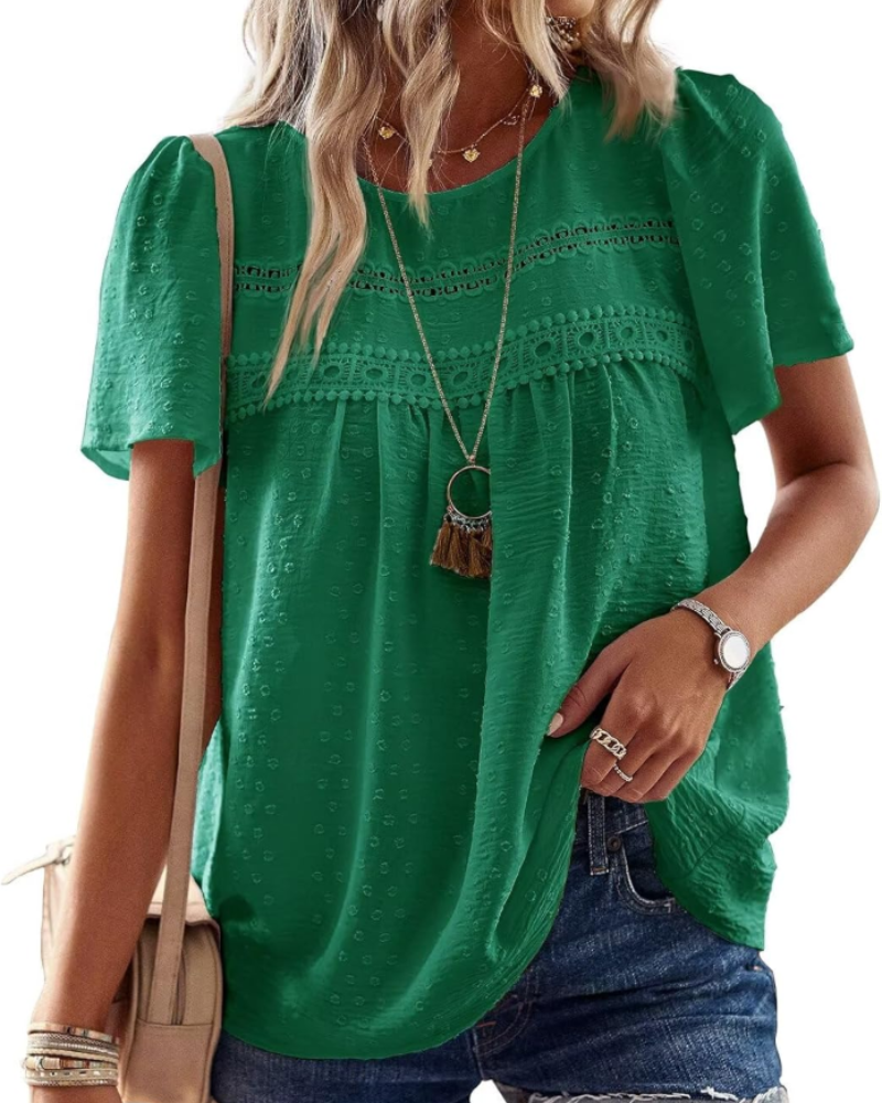 Elspeth Top Donna – Blouse en chiffon avec dentelle crochet, col rond et manches courtes