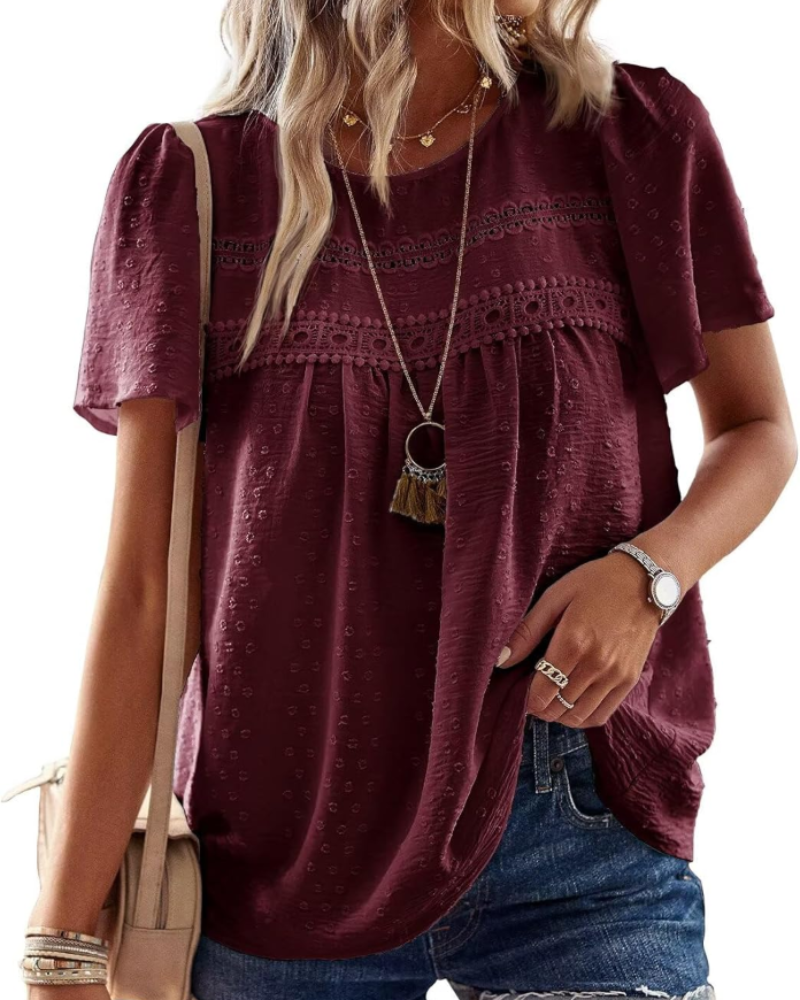 Elspeth Top Donna – Blouse en chiffon avec dentelle crochet, col rond et manches courtes