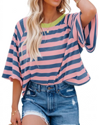 Camiseta Mila para mujer – Top oversize a rayas con cuello redondo y mangas cortas