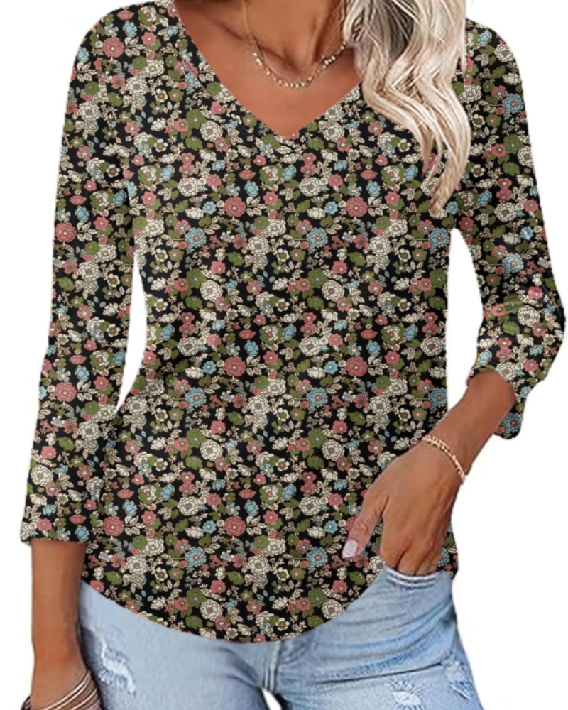 Carys Blusa Donna – Top Floreale con Scollo a V, Maniche 3/4 e Orlo Curvo