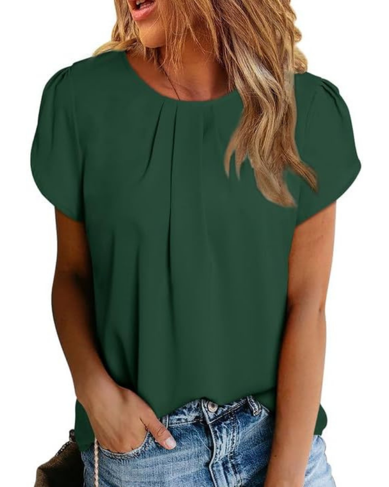 Marissa damesbluse – chiffon, rund hals, tulipanærmer og læg foran