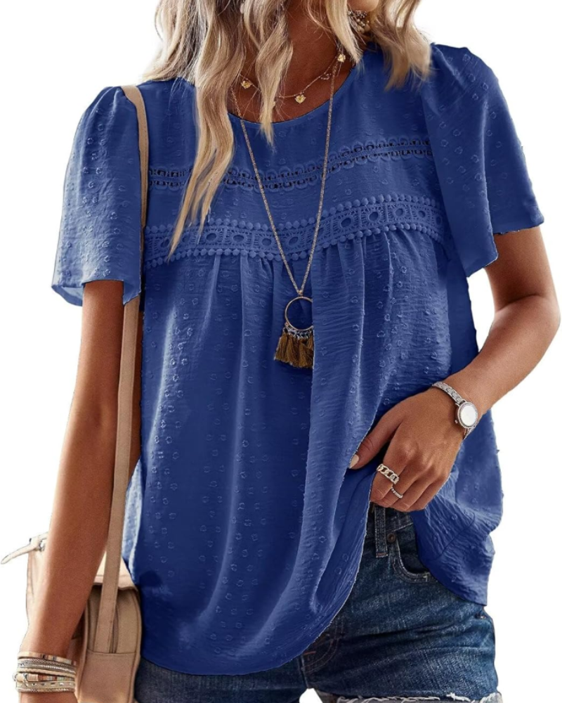 Elspeth Top Donna – Blouse en chiffon avec dentelle crochet, col rond et manches courtes