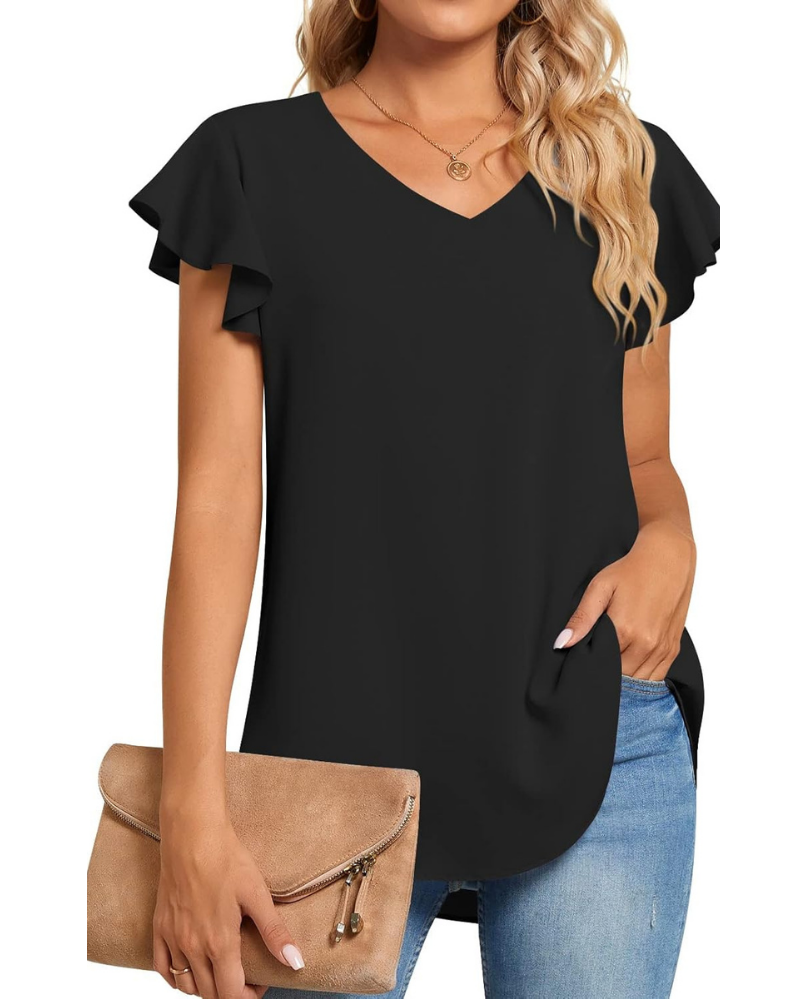 Blouse Bianca Femme – Top en chiffon avec col en V et manches courtes à volants