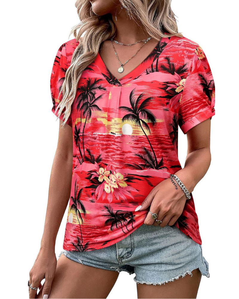 Harper T-Shirt Donna – Blusa Floreale Tropicale con Scollo a V e Maniche a Sbuffo
