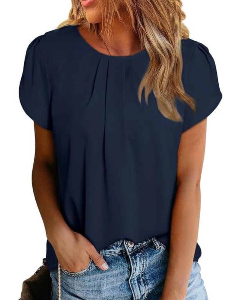 Marissa damesbluse – chiffon, rund hals, tulipanærmer og læg foran