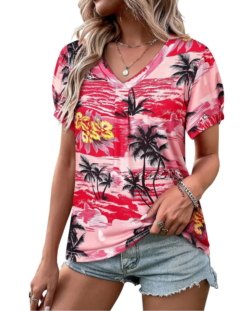 Harper T-Shirt Donna – Blusa Floreale Tropicale con Scollo a V e Maniche a Sbuffo
