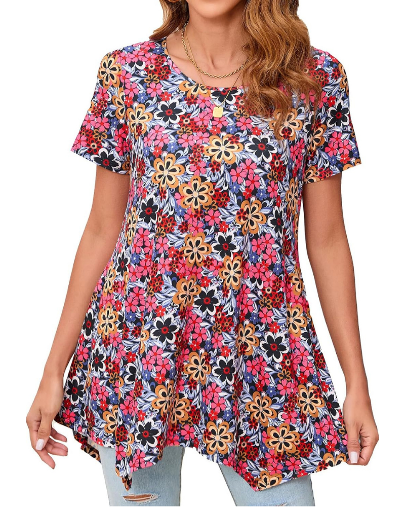 Adelaide Tunica Donna – Haut Floral Paisley avec Col Rond et Manches Courtes