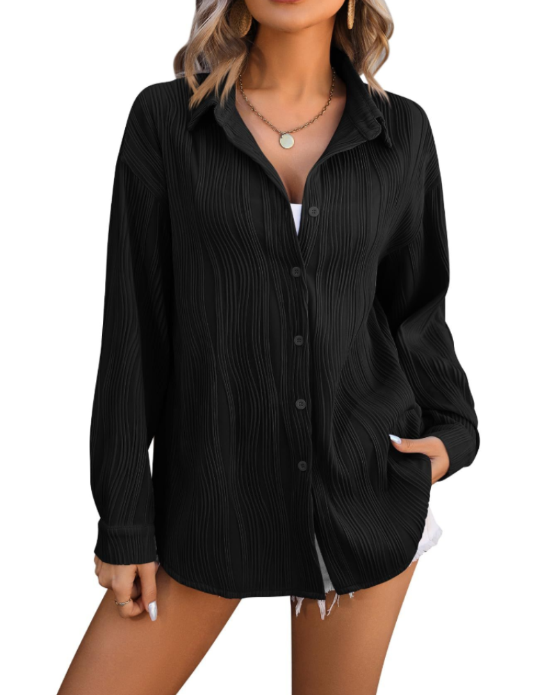 Elara Blusa Donna – Camicia Testurizzata con Scollo a V, Bottoni e Maniche Lunghe
