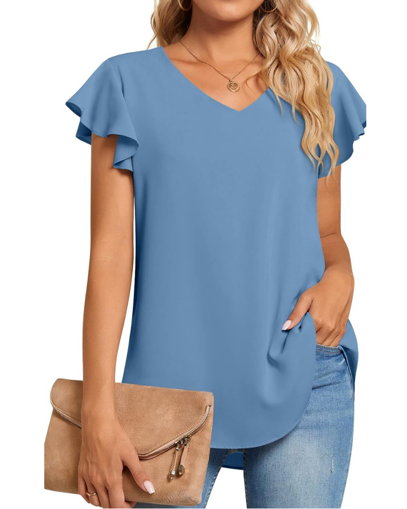 Blouse Bianca Femme – Top en chiffon avec col en V et manches courtes à volants