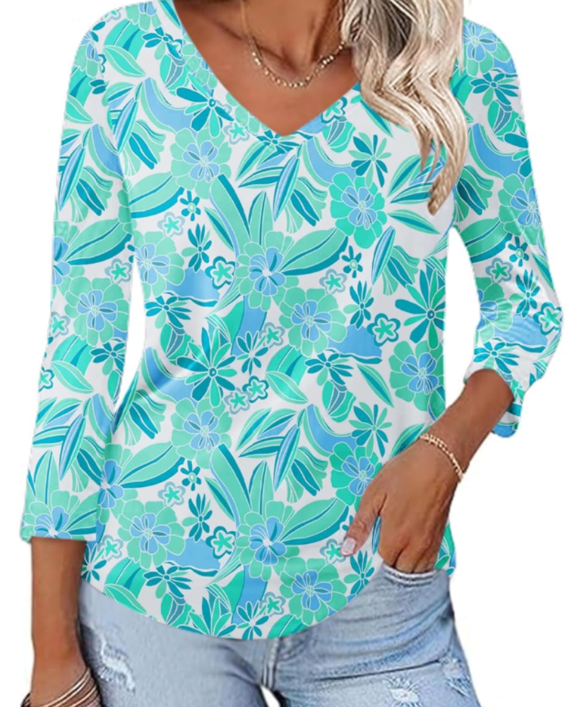 Carys Blusa Donna – Top Floreale con Scollo a V, Maniche 3/4 e Orlo Curvo