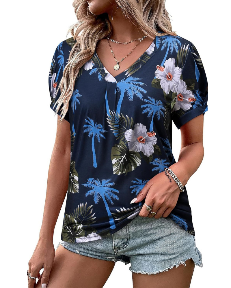 Harper T-Shirt Donna – Blusa Floreale Tropicale con Scollo a V e Maniche a Sbuffo