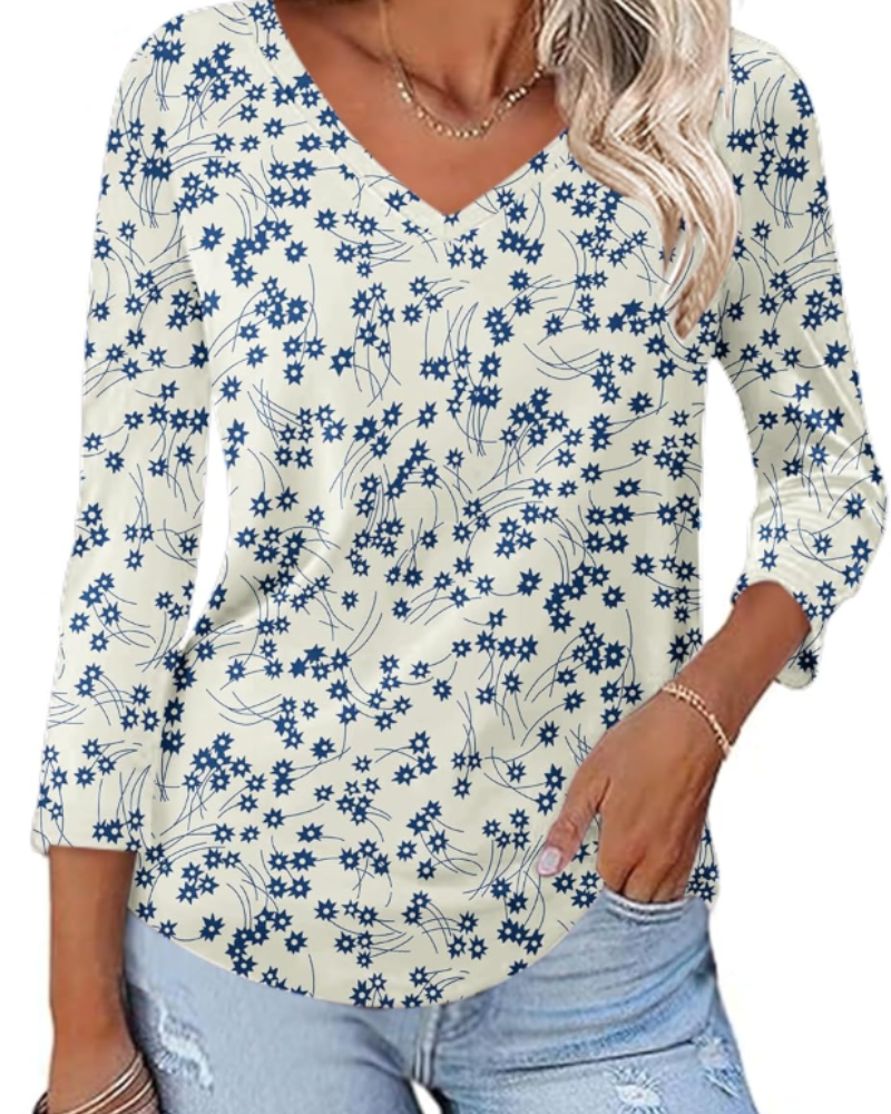 Carys Blusa Donna – Top Floreale con Scollo a V, Maniche 3/4 e Orlo Curvo