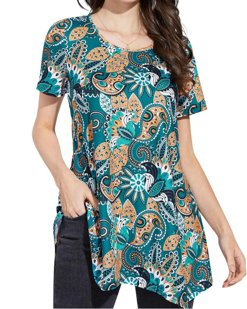 Adelaide Tunica Donna – Haut Floral Paisley avec Col Rond et Manches Courtes
