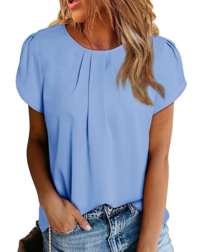 Marissa damesbluse – chiffon, rund hals, tulipanærmer og læg foran