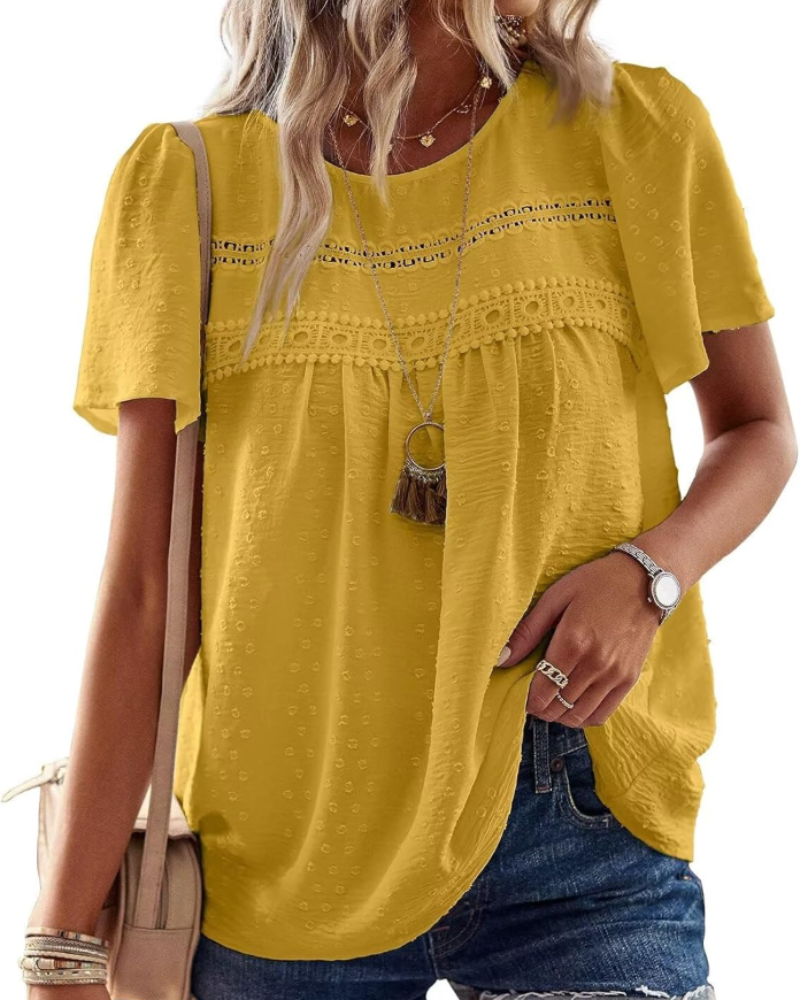 Elspeth Top Donna – Blouse en chiffon avec dentelle crochet, col rond et manches courtes