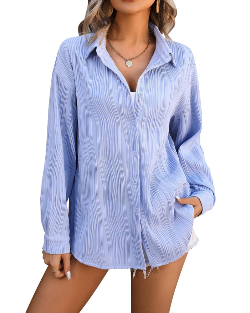 Elara Blusa Donna – Camicia Testurizzata con Scollo a V, Bottoni e Maniche Lunghe