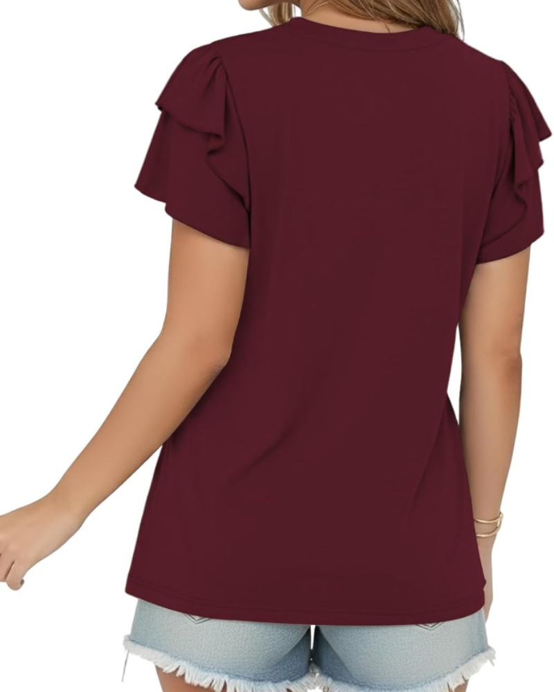Damski T-shirt Delaney – dekolt w serek, asymetryczne krótkie rękawy i guziki