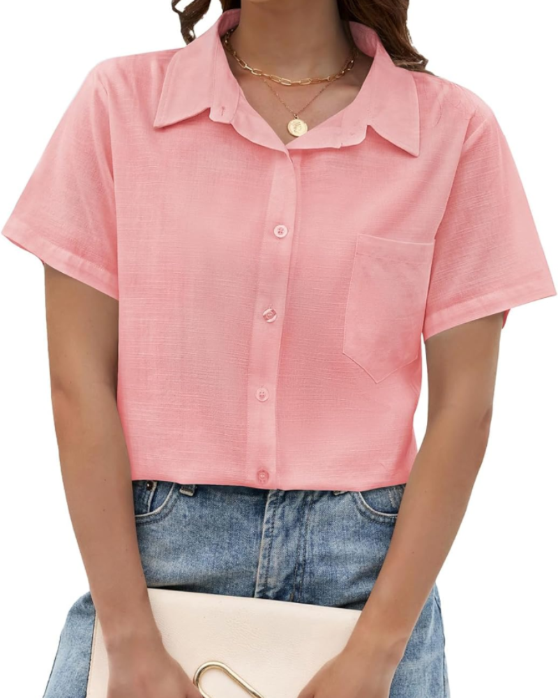 Aubrey Camiseta de mujer – Algodón y lino, cuello en V, mangas cortas y bolsillo en el pecho