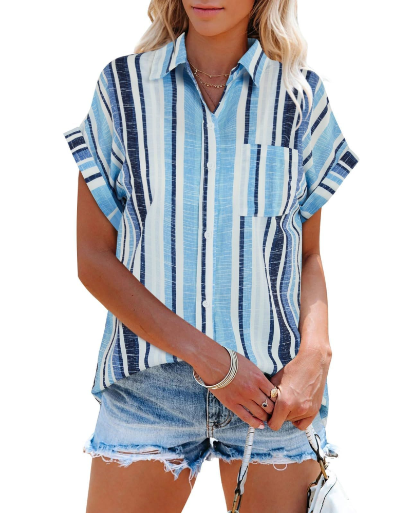 Nora Chemisier Femme – Blouse à Rayures avec Col en V, Boutons et Poche