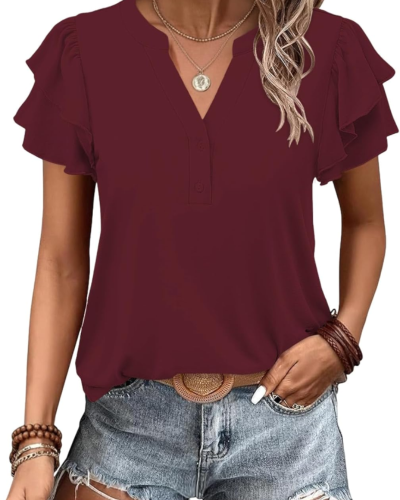 Damski T-shirt Delaney – dekolt w serek, asymetryczne krótkie rękawy i guziki